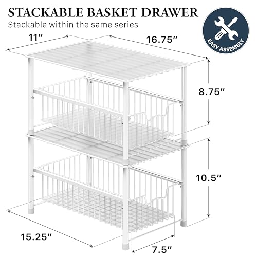 Wired Stackable Under Sink Cabinet Sliding Basket, White - view 2