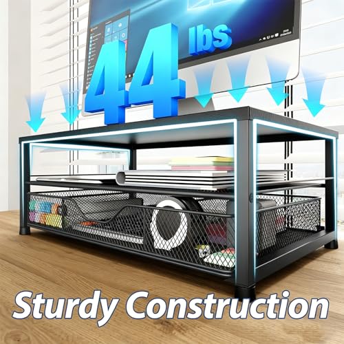 Desk Organizer and Accessories, 2-Tier Computer Monitor Stand Riser with Drawer and 2 Pen Holders, Laptop Stand, Office Desk Accessories for Office Supplies, Black - view 5