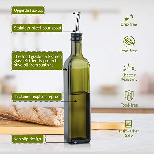 17oz Glass Olive Oil Bottle Dispenser - 500ml Green Oil and Vinegar Cruet with Pourers and Funnel - Olive Oil Carafe Decanter for Kitchen - view 2