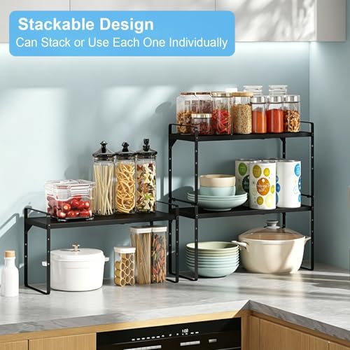 15.5 to 25.5 Inch Expandable Kitchen Cabinet Organizer Shelf, 2 Pack 30 LBS Heavy Duty Adjustable Kitchen Counter Storage Shelves Organizers,Stackable Small Storage Shelf Rack For Cabinet Cupboard - view 5