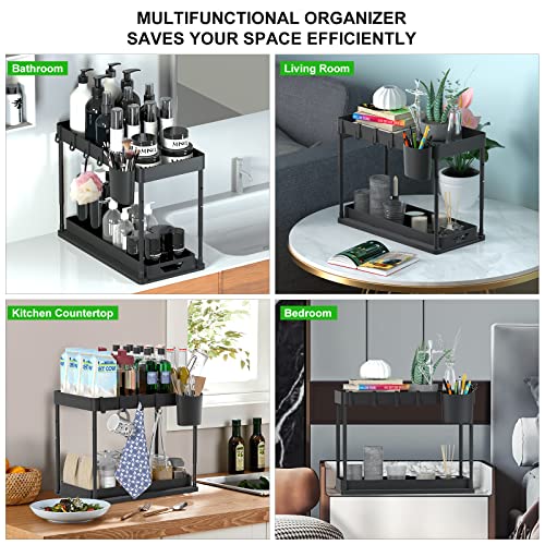 Under Sink Shelf Kitchen Organiser 2-Tier Drawer Organiser Liftable Cabinet Organiser Kitchen with 4 Hooks, 8 Non-Slip Pads & 1 Hanging Cup Storage (2 Pack, Black) - view 7