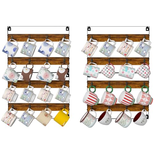 Rustic Wood Coffee Mug Rack - Wall Mount Cup Holder Shelf Storage for Kitchen, Home, Bar, Office (4 Pack, Holds 32 Mugs)