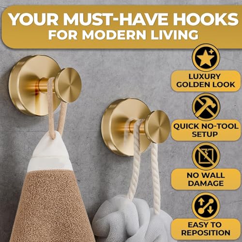 2 Pcs Gold Suction Cup Hooks for Shower, 11 lb, Removable (Gold) - view 4