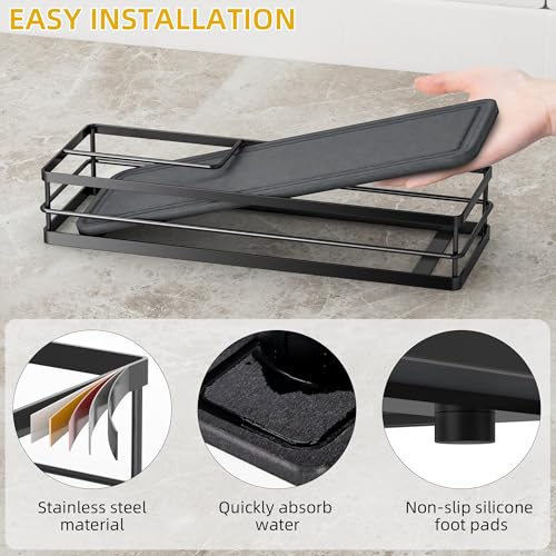Sink Caddy Organizer with Water Absorbing Stone Tray, Instant Dry Sponge Holder Smiley Face, Dish Brush Holder for Countertop, Kitchen Storage Accessories and Organization Essentials (Black) - view 2