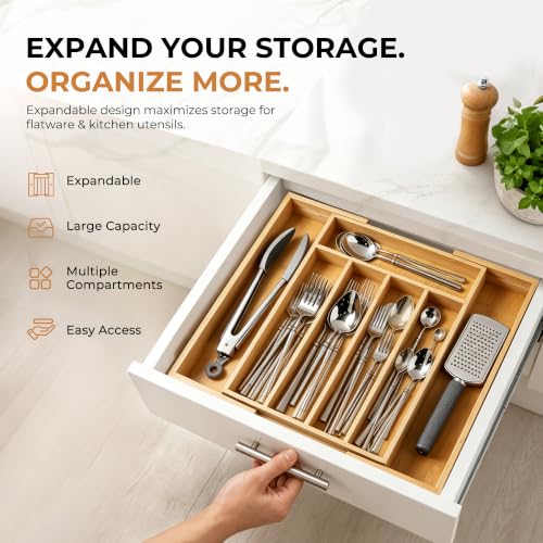 Silverware Organizer Kitchen Drawer Organizer Expandable Bamboo Utensil Holder Cutlery Tray for Kitchen Utensil and Flatware Bedroom Office - view 5