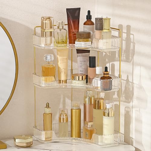 Corner Bathroom Counter Organizer, Bathroom Countertop Shelf Makeup Storage, Clear Perfume Tray Holder (3 Tiers, White)