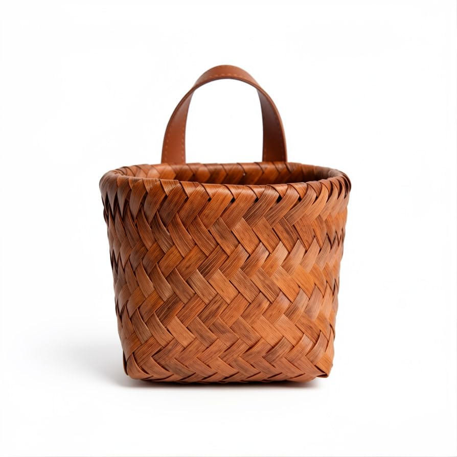 Wall Hanging Storage Baskets, Faux Rattan Woven Bins with Leather Handles