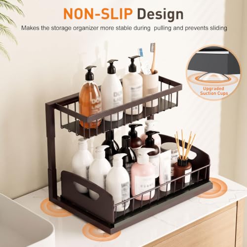 Under Kitchen Sink Organizer, Metal Pull Out Bathroom Organizers and Storage, 2-Tier Cabinet Organizer Shelf with Sliding Drawer, Home Organization for Kitchen, Laundry, Pantry, Brown, 2 pack - view 6