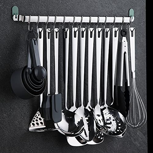 Kitchen Utensil Rail Organizer - Wall Mounted Gourmet Rack With 14 Hooks for Hanging Knives, Mugs, Spatulas, Pots and Utensils - view 4