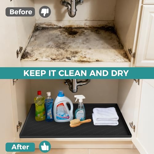 Under Sink Mat for Kitchen Waterproof, 34" x 22" Silicone Under Sink Mat for Shelf Liner Organizer, Cabinet Sink Protector Under Sink Liner for Bottom Kitchen, Bathroom(Light Grey) - view 3