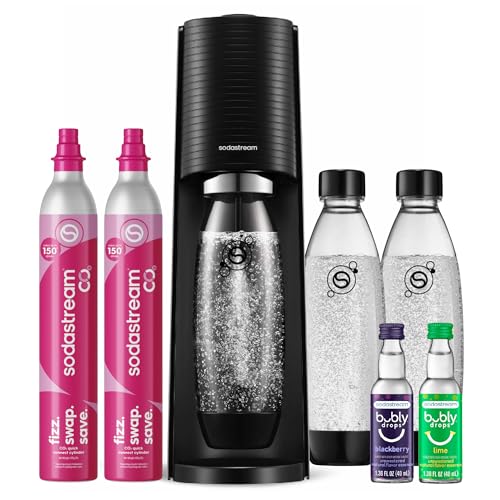 TERRA Sparkling Water Maker, Value Bundle, CQC CO2 System, Includes 2 Quick Connect 60L CO2 Cylinders, 3 Dishwasher Safe BPA Free Bottles, 2 bubly Flavor Drops, Make your own Pepsi, Black