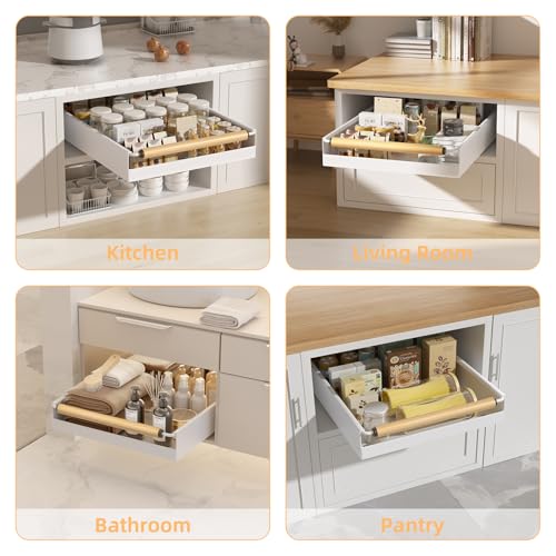 2 Pack No-Drill Pull Out Cabinet Organizer 15.3'' Deep Expandable Slide Out Drawers for Kitchen Pantry & Under Sink Storage, Adhesive Nano Film Mount, White - view 6