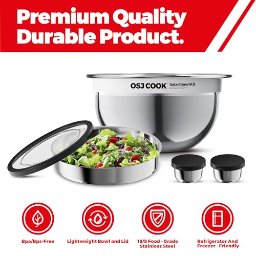 18/8 Stainless Steel Salad Bowl Kit - 74oz, Mixing Bowls with Lids Set, Teakwood - Comes with 1.7oz Condiment Container and Removable Tray for Organization - Leak-Proof, Dishwasher Safe (Silver) - view 4