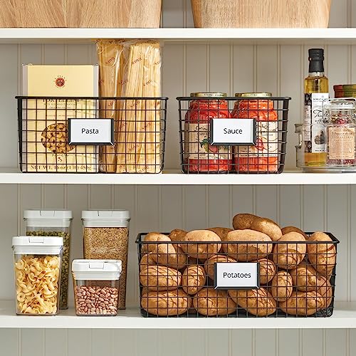 Wide Steel Wired Storage Organizer Bin Baskets with Label Slot for Kitchen Pantry, Cabinet, Organizing Holder for Food, Drinks, Snacks, Produce, Omaha Collection, 2 Pack, Matte Black - view 3