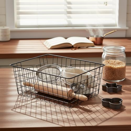 Kitchen Metal Wire Baskets Farmhouse Decor Metal Food Storage Organizer,Household Refrigerator Bin with Built-in Handles for Cabinets,Pantry,Bathroom,Black - view 5