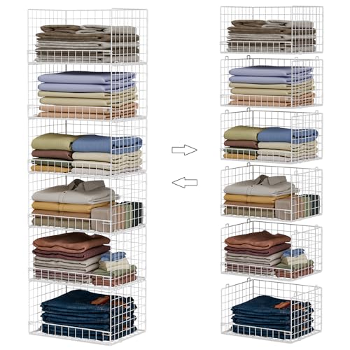 6-Tier Stackable Closet Organizers and Storage Shelves, Closet Shelf Organizer Basket Bins, Foldable Sweater Storage for Clothes Organizer System, White（Patent No. 30022416）