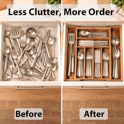 Acacia Wood Expandable Silverware Organizer, Kitchen Utensil Drawer Organizer for Forks & Spoons, 8-Compartment Cutlery Tray, Flatware Holder - view 4