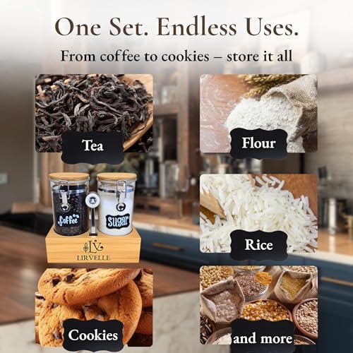 Airtight Coffee Canister with Scoop | Curated Glass Storage Set for Beans, Grounds & Sugar | 9-Piece Ritual Organizer with Bamboo Base, Versatile Artisan Spoon, Labels & Cleaning Brush - view 6