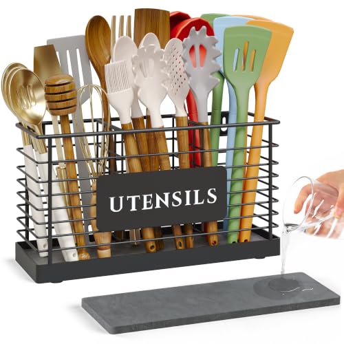 Utensil Holder for Kitchen Counter with Diatomaceous Earth Base, Large Black Metal Cooking Tool Organizer with 3 Compartments, Countertop Utensil Holder for Spatula and Kitchen Utensils
