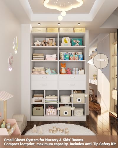 22" Closet System with Drawers, Small Closet Organizer for Walk in Closet, Wardrobe Storage Unit with Storage and Shelves, White - view 6