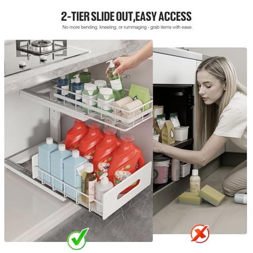 Under Sink Organizer Upgrade To Professional Rails,2-Tier Dual Pull Out Cabinet Storage,Height Adjustable Slide Out Drawers For Bathroom Kitchen,2 Pack-14.5" Dx12.8-16.9" H,White - view 4