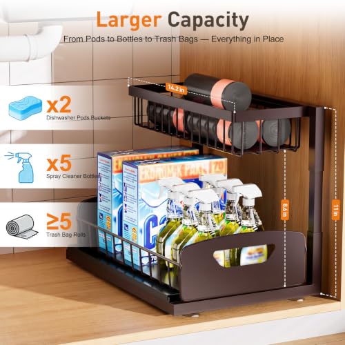 Under Kitchen Sink Organizer, Metal Pull Out Bathroom Organizers and Storage, 2-Tier Cabinet Organizer Shelf with Sliding Drawer, Home Organization for Kitchen, Laundry, Pantry, Brown, 2 pack - view 3