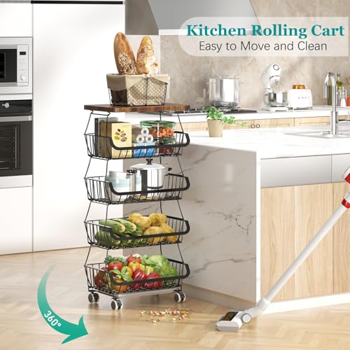 Fruit Basket with Wooden Lid for Kitchen, 5-Tier Stackable Wire Fruit Vegetable Storage Basket Organizer Stand on Wheel, Produce Basket Potato Onion Storage Bins Rack Cart for Pantry - view 2