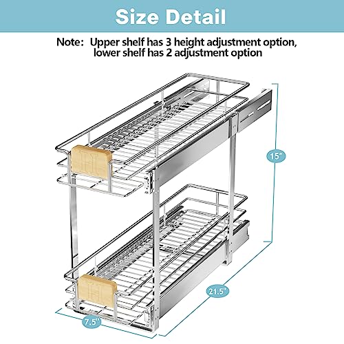 2 Tier Pull Out Cabinet Organizer 7½" W x 21½" D, Slide Out Drawers with Wooden Handle, Sliding Shelves Organization and Storage for Kitchen, Pantry - view 3