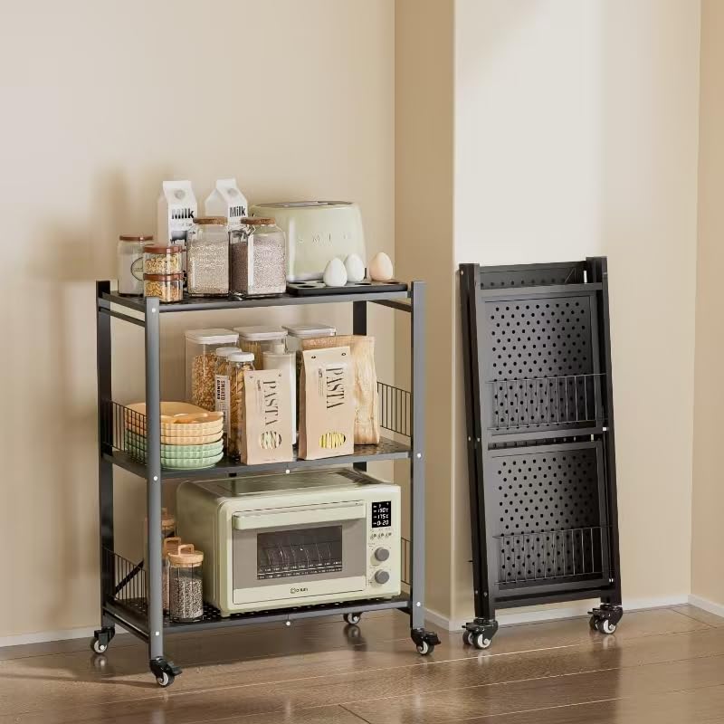 Folding Storage Shelves No Assembly, 3 Tier Metal Foldable Shelves with Wheels, Collapsible Rolling Storage Rack for Laundry Room Garage Small Spaces, Black