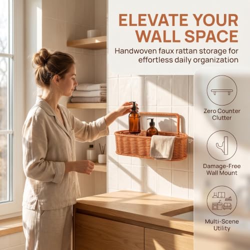 Oval Wall Hanging Woven Basket Bin with Handle, Brown PP Iron Organizer - view 3