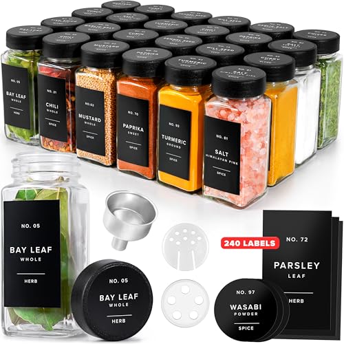Glass Spice Jars with Labels, 24x Matte Black Lids - 4oz Set