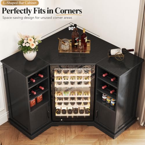 L Shaped Corner Bar Cabinet with Fridge Space, Wine Storage, Black, 40” - view 3