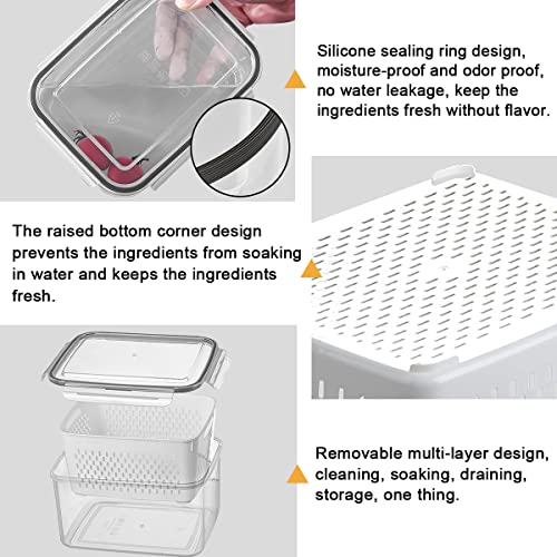 3Pack Fridge Food Storage Container Set with Lids with Strainer,Plastic Fresh Produce Saver Vegetable Fruit Meat Storage Organization, BPA-Free Plastic Produce Keepers(3.15L+1.7L+0.8L) - view 5