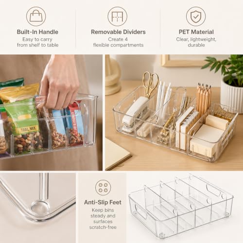 Snack Bin Organizer, 2PCS Clear Plastic Storage Bins with Removable Divider - view 2