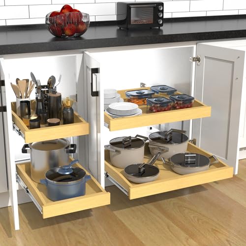 2 Tier Pull Out Cabinet Organizer, 20"W x 21"D Solid Wood Heavy-Duty Base Bottom Assembly Slide out Drawer Shel Cabinet Organization for Kitchen, Pantry, Bathroom - view 6