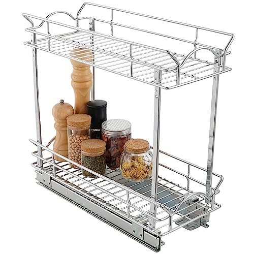 Slide Out Cabinet Organizer for Narrow Cabinet (7" W X 17" D), 2 Tier Pull Out Shelves Slim Sliding Cabinet Organizer and Storage, Chrome - view 3