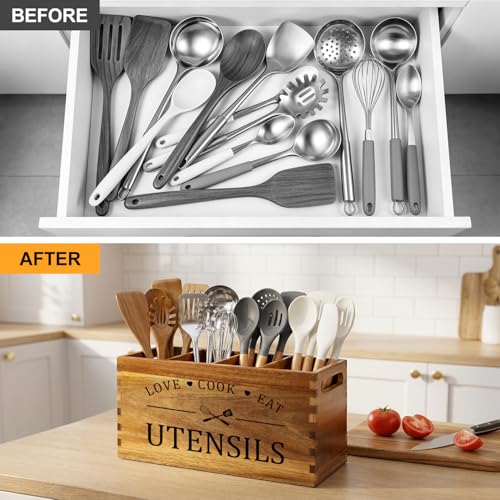 Acacia Wood Kitchen Utensil Holder Countertop Large Cooking Spoon Organizer - view 7