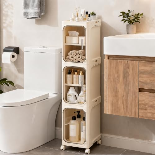 3-Tier Slim Narrow Bathroom Storage Cabinet, Cream White