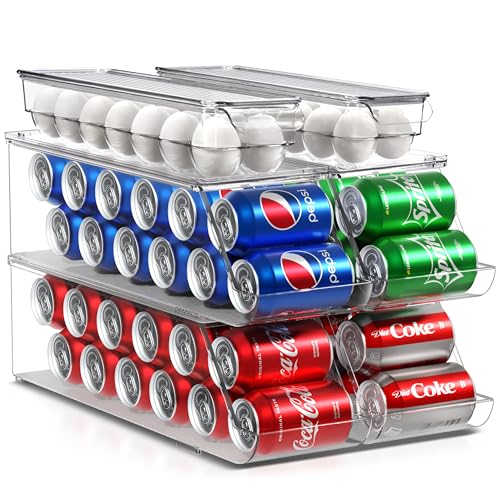 Soda Can Organizer for Refrigerator & Egg Holder for Fridge Set, 4 Stackable Can Holder Dispenser Holds 12 Cans Each & 2 Egg Holders with Lid holds 14 eggs for Fridge, Pantry, Freezer, BPA-Free