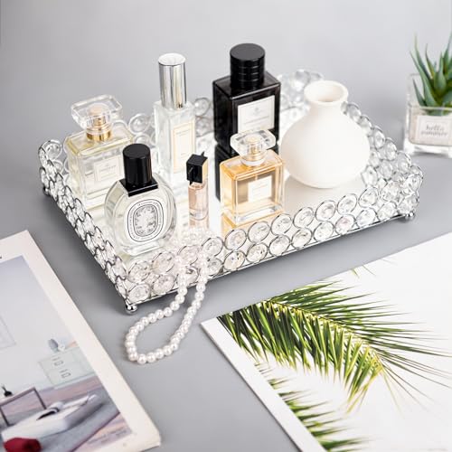 Crystal Vanity Makeup Perfume Tray Ornate Jewelry Trinket Organizer Cosmetic Decorative Tray Skin Care Storage for Home Dressing Table Wedding Decoration(Rectangle 12" x 8") - view 3