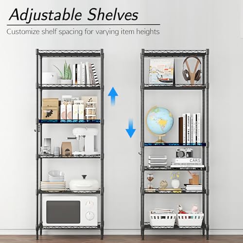 6-Tier Storage Shelf Wire Shelving Unit Free Standing Rack Organization Adjustable Leveling Feet, Stainless Side Hooks, Black - view 4