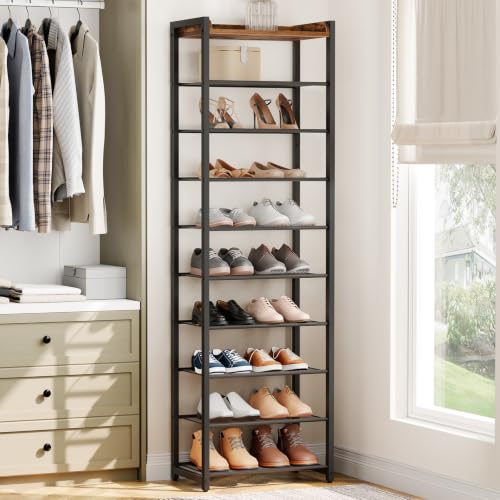 10 Tier Shoe Rack, Large Capacity Shoe Storage for 18-20 Pairs, Sturdy Metal Shoe Shelf for Closet Entryway, Space Saving Shoe Organizer for Sneakers Heels, Rustic Brown BF40XJ01 - view 4