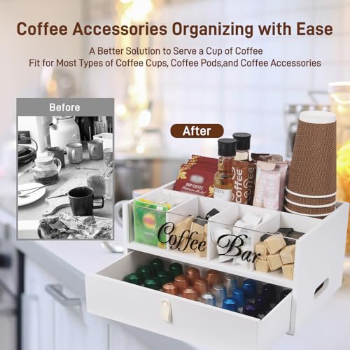 2-Tier Coffee Bar Organizer with Clear Acrylic Top, Built-in Drawer and Leather Handle Pull for Countertop, Stylish Coffee Station Storage Box for Accessories, Pods, Great Gifts for Home - view 6