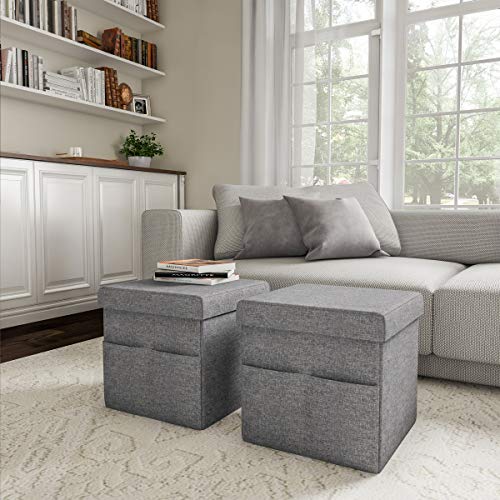 Set of 2 Ottomans with Storage Pockets - 15-Inch Folding Foot Rests or Storage Organizers for Bedroom, Living Room, or Dorm (Gray) - view 6
