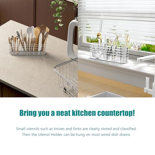 304 Stainless Steel Utensil Holder, Dish Drying Rack, kitchen Utensil Organizer, Knife and Fork Drainage Rack, Kitchen Drainage Basket Accessories, With Hooks, Rust Proof, Color-Silver - view 2