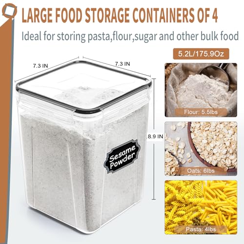 Large Airtight Food Storage Containers 5.2L / 195oz, 4pcs Pantry Kitchen Organizers and Storage for Flour, Sugar, Baking Supplies, BPA Free, Plastic Flour Containers with 20 Labels & Maker - view 2
