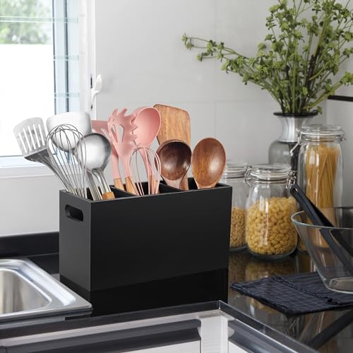 Black Kitchen Utensil Holder for Countertop - Wooden Large Utensil Caddy Organizer for Counter - 3 Compartment Cooking Utensil Crock for Silverware Spoon Spatula - view 4