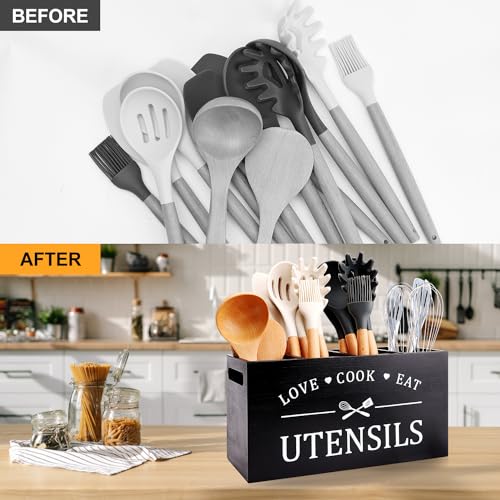 Black Extra Large Wood Cooking Utensil Holder Kitchen Spatula Spoon Holder - view 7