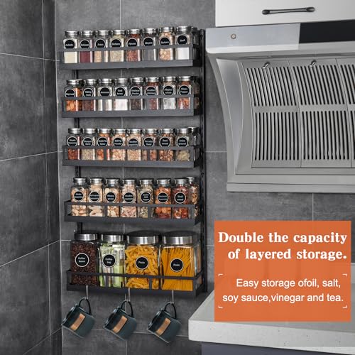 Wall Mount Spice Rack Organizer 5 Tier Height-Adjustable Hanging Spice Shelf Storage for Kitchen Pantry Cabinet, Dual-Use Seasoning Holder Rack with Hooks, Black-Patented - view 5