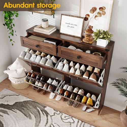 Shoe Cabinet with 4 Flip Drawers & 2 Drawers,Farmhouse Shoe Storage Cabinet for Entryway,Slim Freestanding Organizer Rack for Front Door Entrance,Dark Walnut - view 3